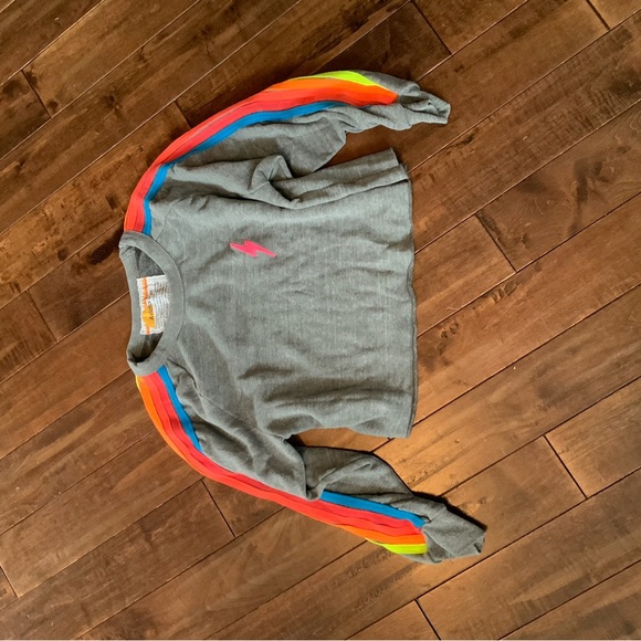 Aviator Nation Bolt - CROPPED CLASSIC CREW SWEATSHIRT HEATHER GREY/NEON RAINBOW - Picture 3 of 3